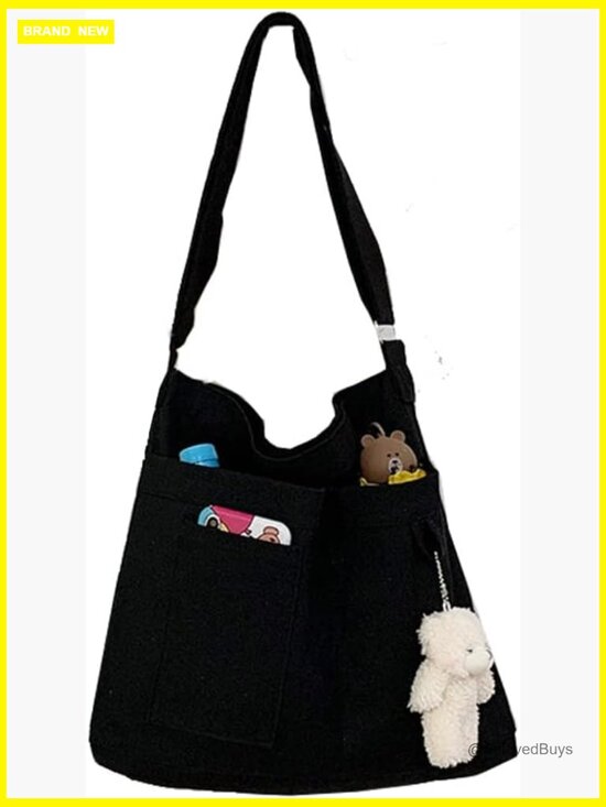 Handbags - Canvas Tote Bag with Zipper Closure, 3 External Pockets, Adjustable Strap